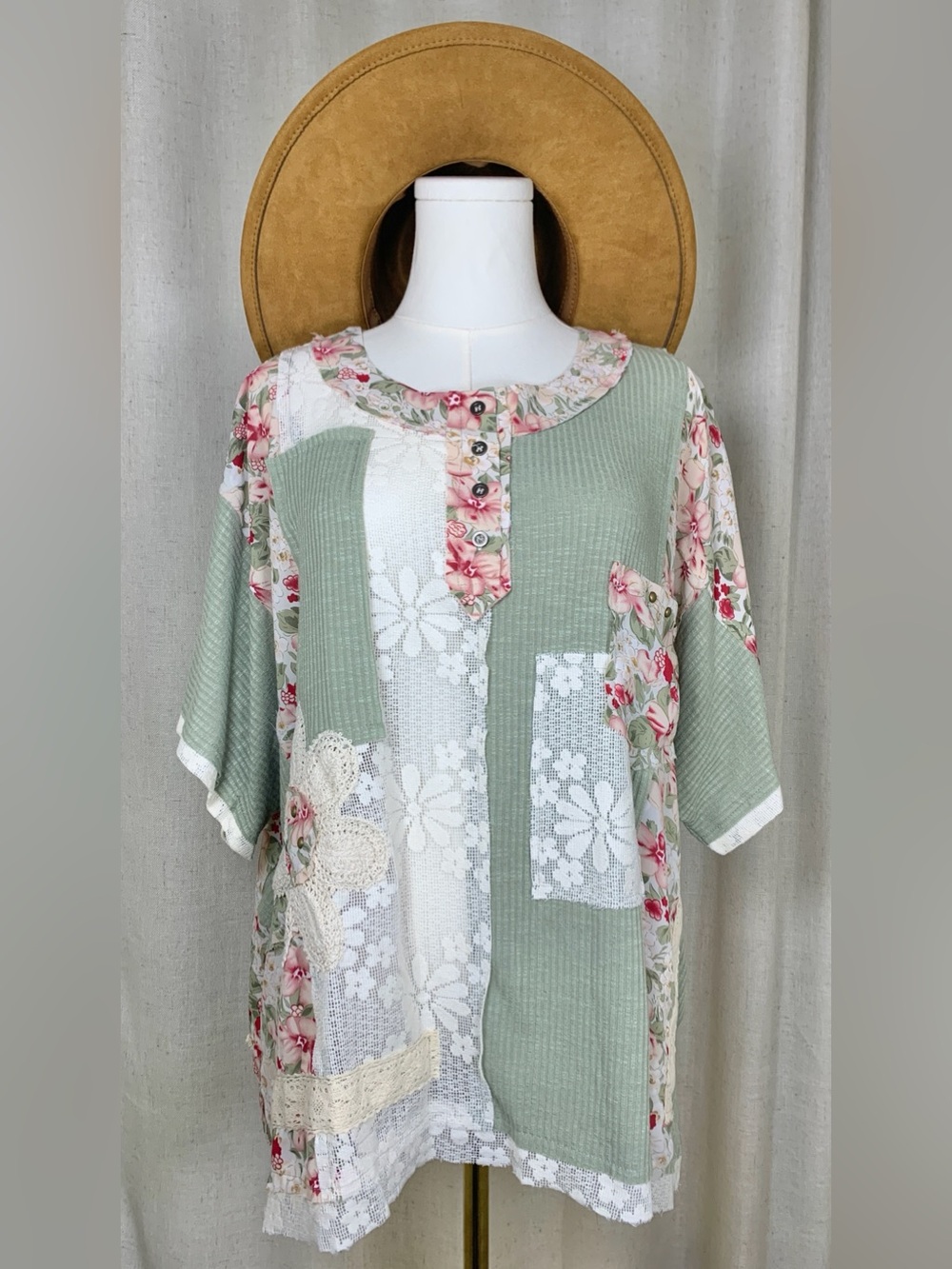POL Sage Green Floral Patchwork Tunic